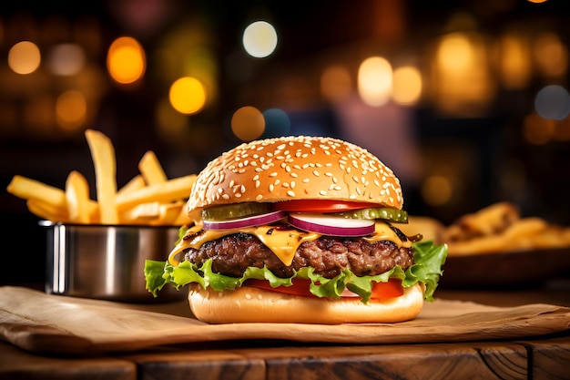 Hamburguesa a la parrilla con papas fritas en una mesa de madera en el fondo borroso