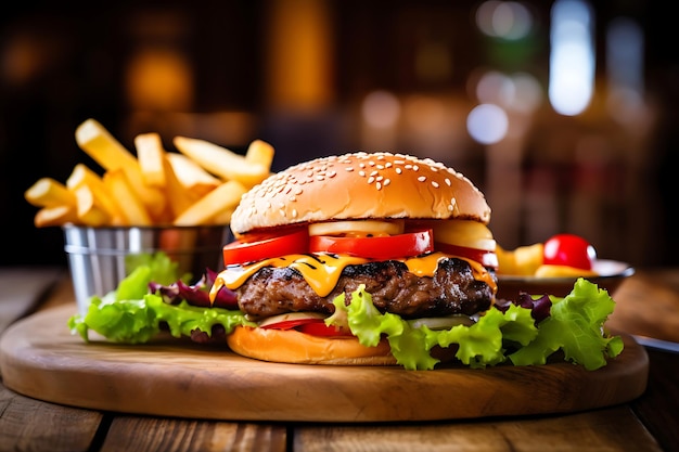 Hamburguesa a la parrilla con papas fritas en una mesa de madera en el fondo borroso