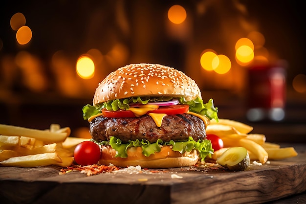 Hamburguesa a la parrilla con papas fritas en una mesa de madera en el fondo borroso