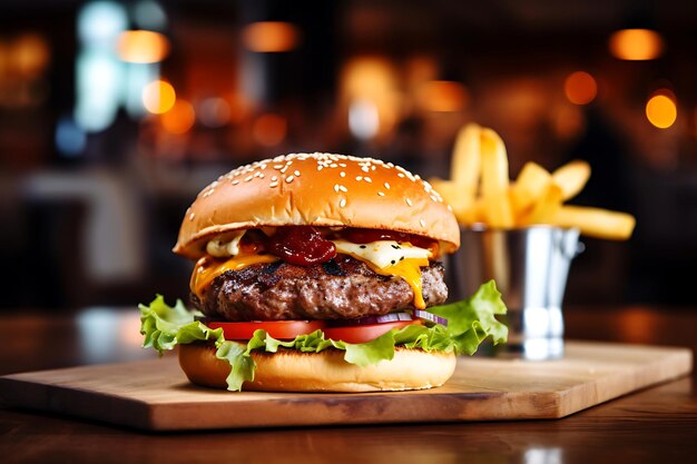 Hamburguesa a la parrilla con papas fritas en una mesa de madera en el fondo borroso