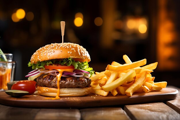 Hamburguesa a la parrilla con papas fritas en una mesa de madera en el fondo borroso