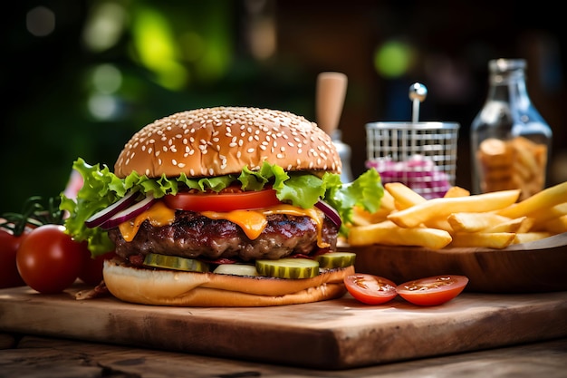 Hamburguesa a la parrilla con papas fritas en una mesa de madera en el fondo borroso