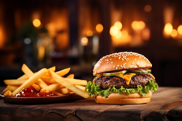 Hamburguesa a la parrilla con papas fritas en una mesa de madera en el fondo borroso