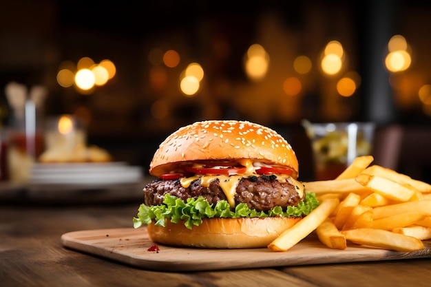 Hamburguesa a la parrilla con papas fritas en una mesa de madera en el fondo borroso