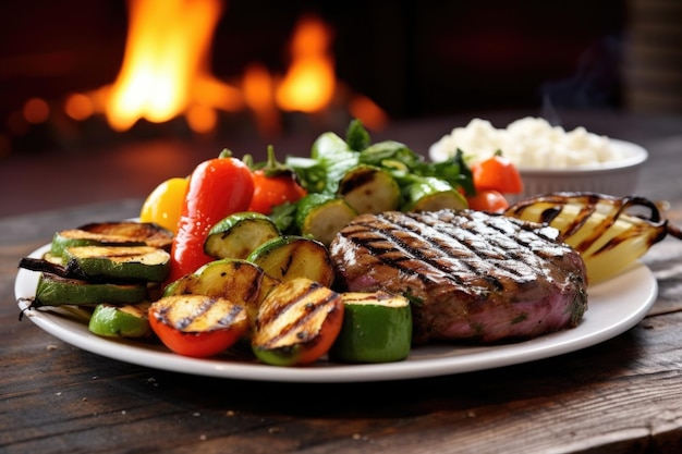 Foto hamburguesa a la parrilla con verduras a la parrilla