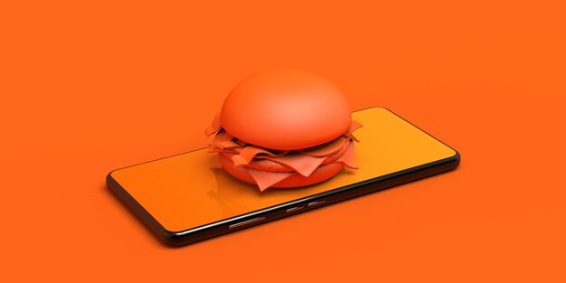 Hamburguesa en la parte superior de un teléfono inteligente Comida entregada en casa Ilustración 3d