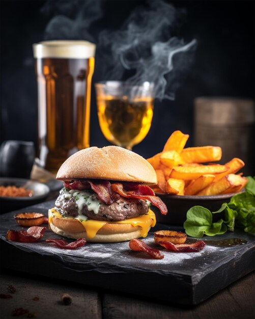 Hamburguesa con patatas fritas y cerveza generada por IA