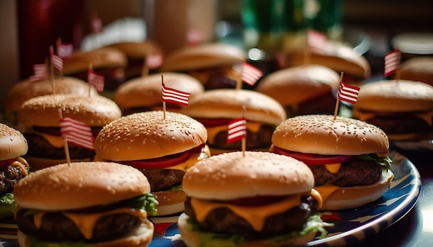 Hamburguesa patriótica Mini banderas americanas y delicias gourmet IA generativa