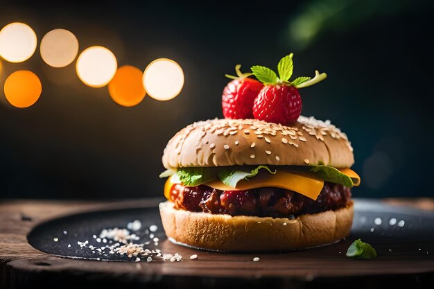 una hamburguesa con un pedazo de comida en ella se sienta en un plato