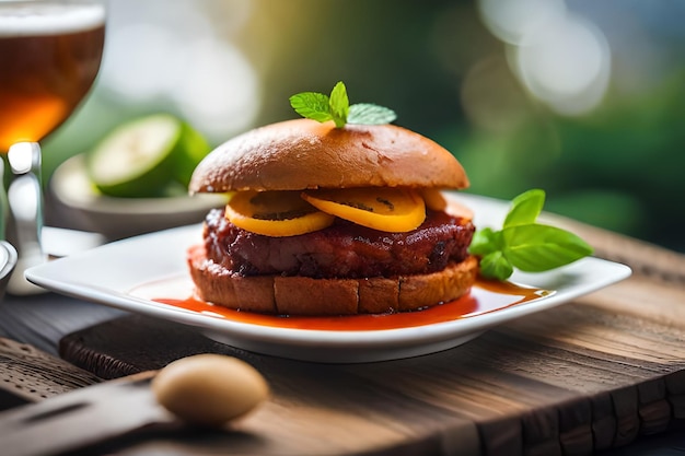 una hamburguesa con un pepinillo encima