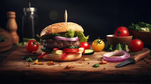 Una hamburguesa con un pepinillo se sienta en una mesa con otros alimentos.