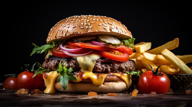 Hamburguesa a la plancha con cebolla tomate y patatas fritas