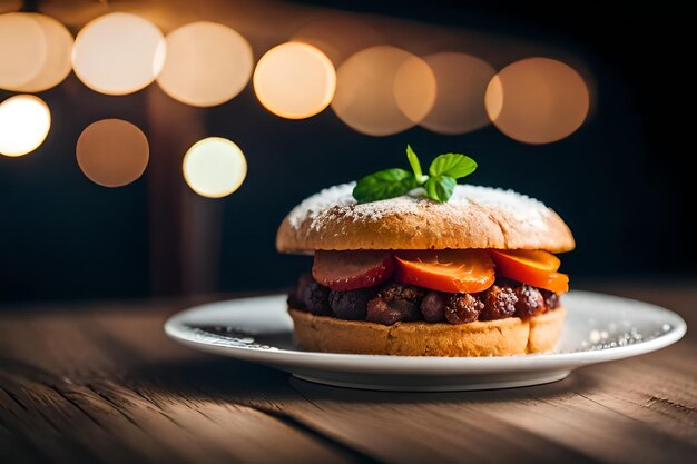 una hamburguesa en un plato con luces borrosas detrás.