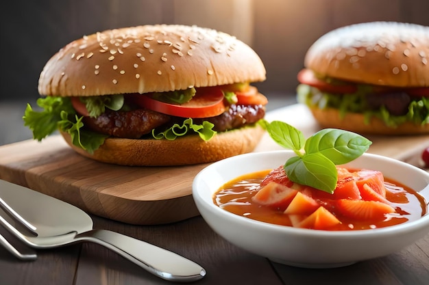 Una hamburguesa con un plato de salsa al lado.