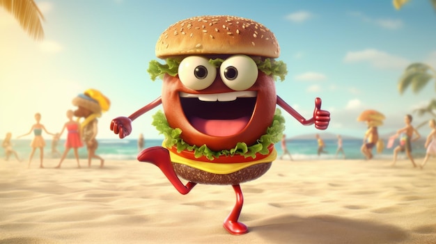 Una hamburguesa en la playa con un hombre al fondo.