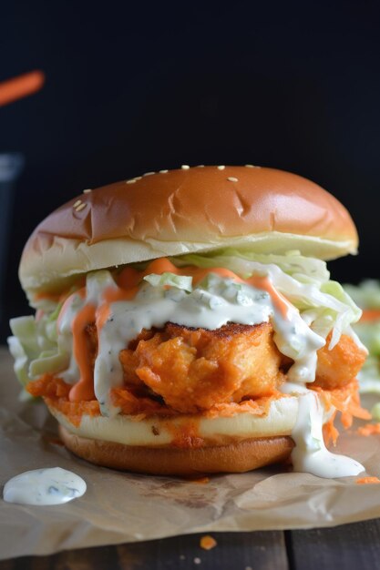 Hamburguesa de pollo Buffalo con aderezo de queso azul y apio