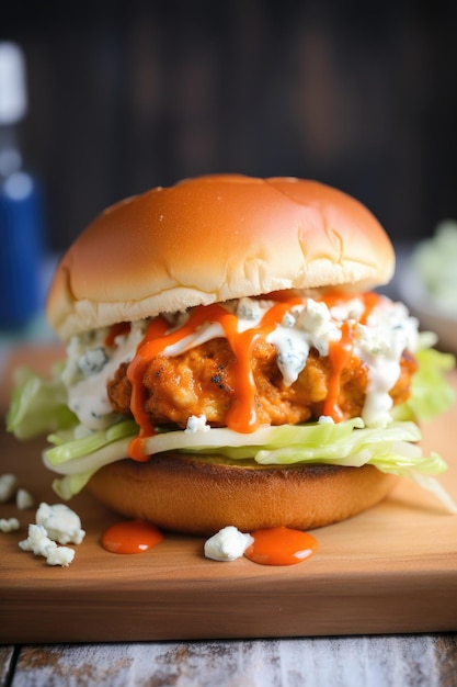 Hamburguesa de pollo Buffalo con aderezo de queso azul y apio