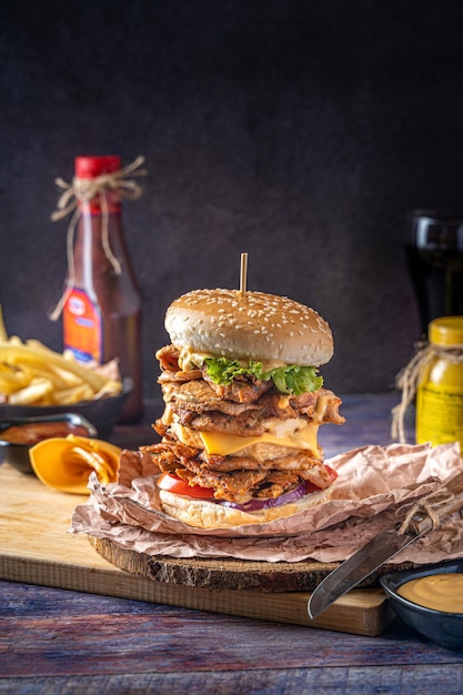 Hamburguesa de pollo doble con vista lateral y vista frontal de los lados