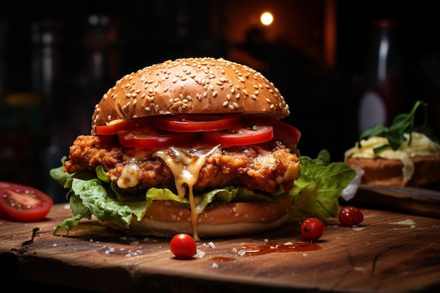 Hamburguesa con pollo frito en madera