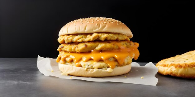 Foto hamburguesa de pollo con leche de mantequilla con queso de fondo negro con espacio para copiar