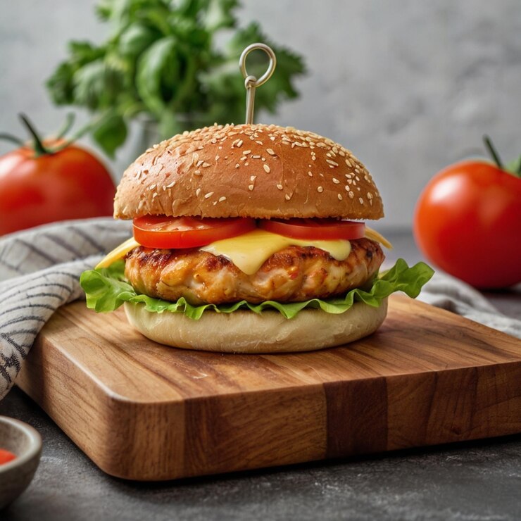 hamburguesa de pollo en pan con queso mozzarella de pie en una tabla de corte de madera
