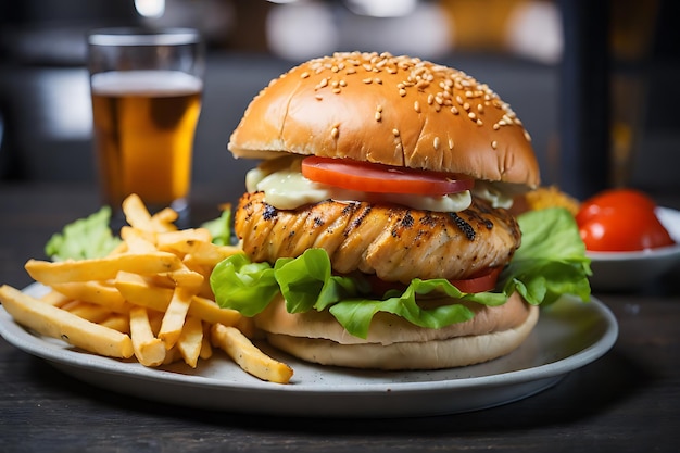 Hamburguesa de pollo con papas fritas en la mesa