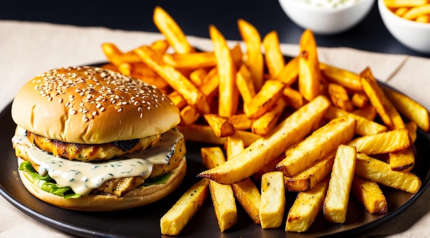 hamburguesa de pollo con queso plateada artísticamente con papas fritas doradas crujientes