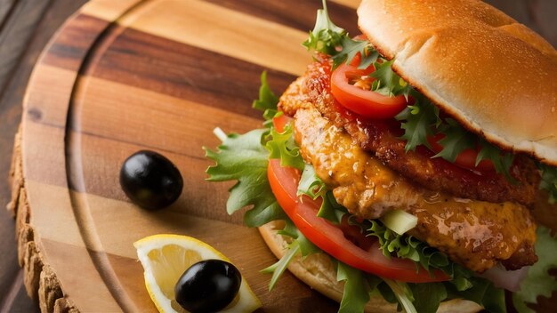 Foto hamburguesa de pollo en una tabla de madera vista lateral