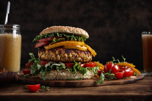 Hamburguesa con pollo y verduras hamburguesa con Pollo sobre un fondo amarillo