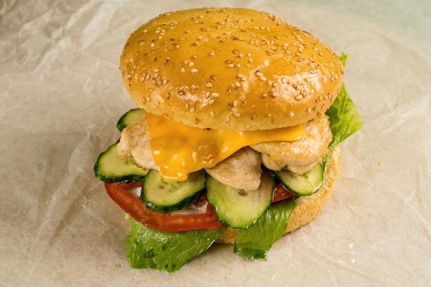 Hamburguesa con pollo y verduras sobre papel de envolver