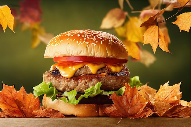 Hamburguesa de primer plano en la mesa con hojas de otoño