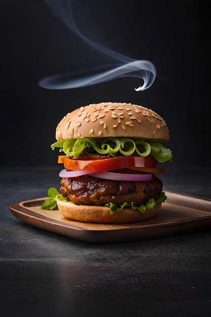 Una hamburguesa de la que sale un humo ahumado