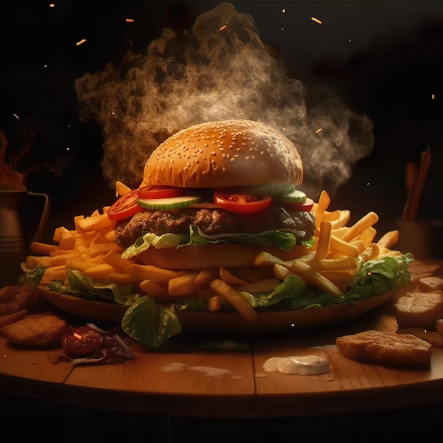 Una hamburguesa de la que sale un humo ahumado