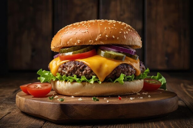 una hamburguesa de queso con agua en la boca en una mesa de madera