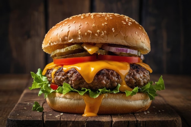 una hamburguesa de queso con agua en la boca en una mesa de madera