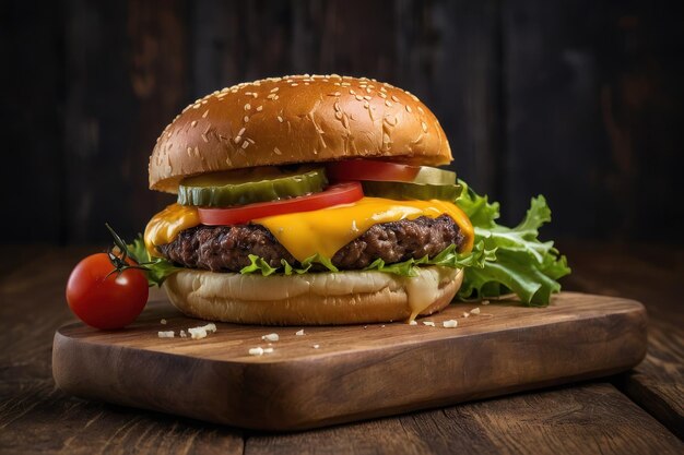 una hamburguesa de queso con agua en la boca en una mesa de madera