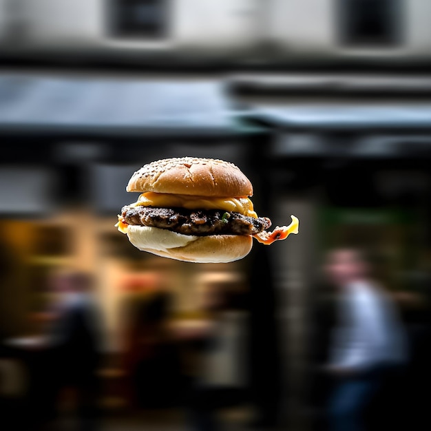 Una hamburguesa con queso en el aire