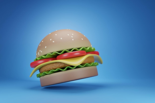 Hamburguesa con queso aislada sobre fondo azul imagen de renderizado 3D