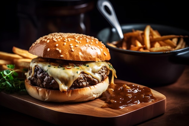 Una hamburguesa con queso azul y aceitunas negras encima