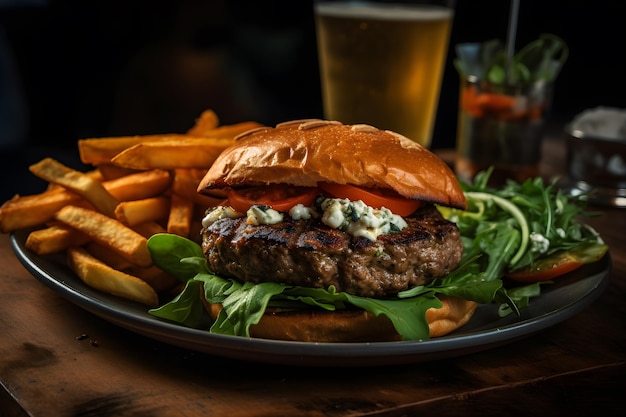 Una hamburguesa con queso azul, tomate y queso feta encima