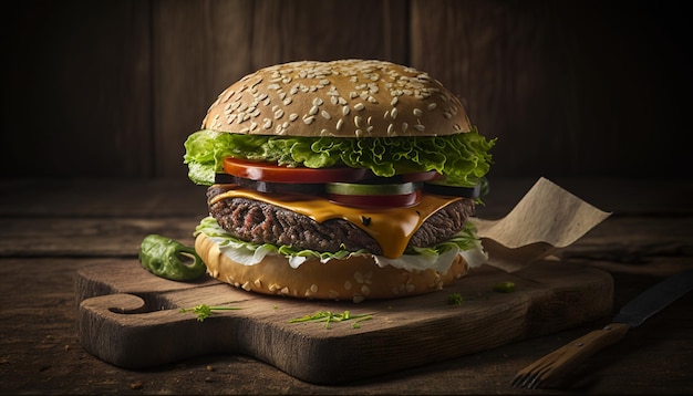 Una hamburguesa con queso con un bollo y una rodaja de aguacate encima.