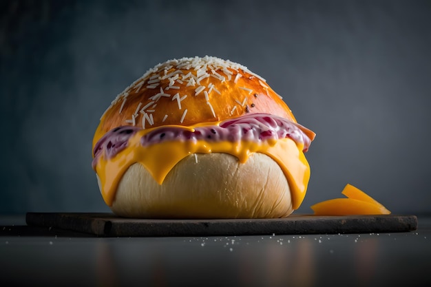 Foto una hamburguesa con queso con un bollo sobre un fondo oscuro