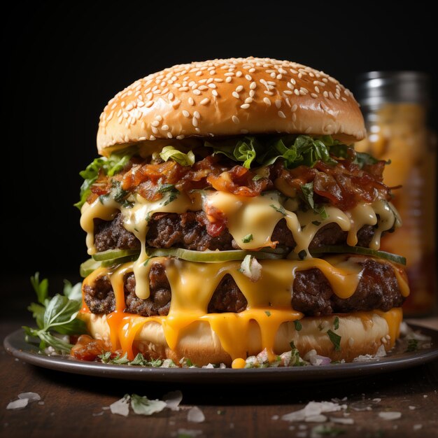 una hamburguesa con queso y carne en ella se sienta en una mesa