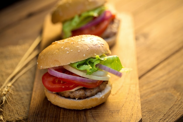 Hamburguesa de queso con carne a la parrilla, queso, tomate, en papel artesanal