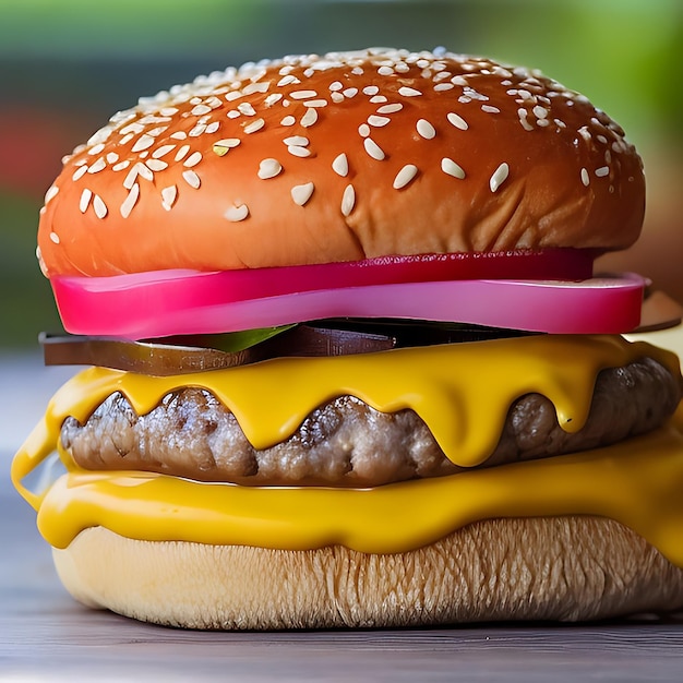 Una hamburguesa con queso y cebolla encima.