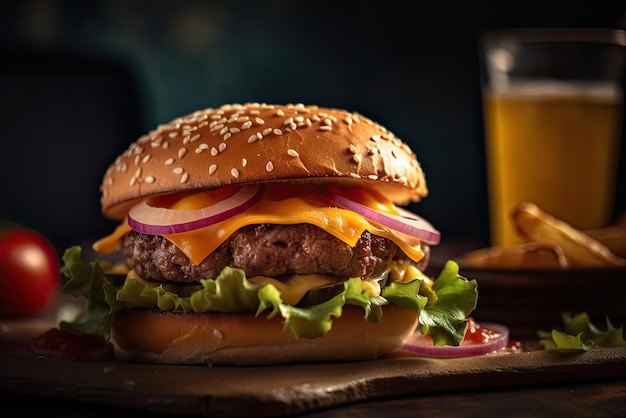 Una hamburguesa con queso y cebolla junto a un vaso de cerveza.