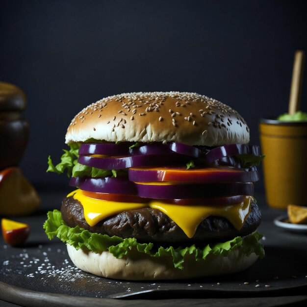 Una hamburguesa con queso, cebolla y tomate encima.