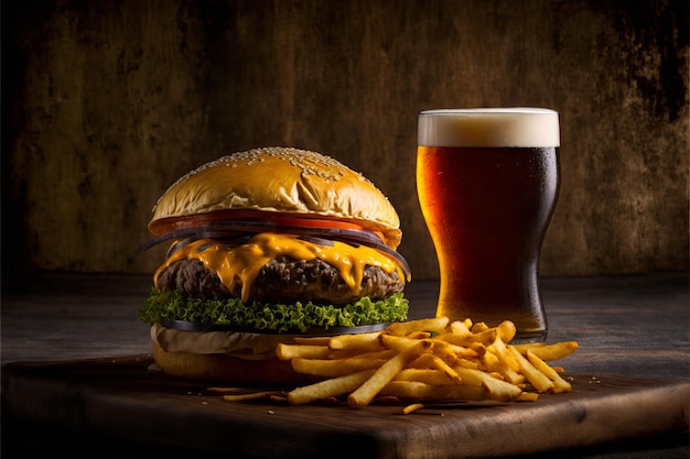 Hamburguesa con queso: clásica hamburguesa con queso con papas fritas y cerveza