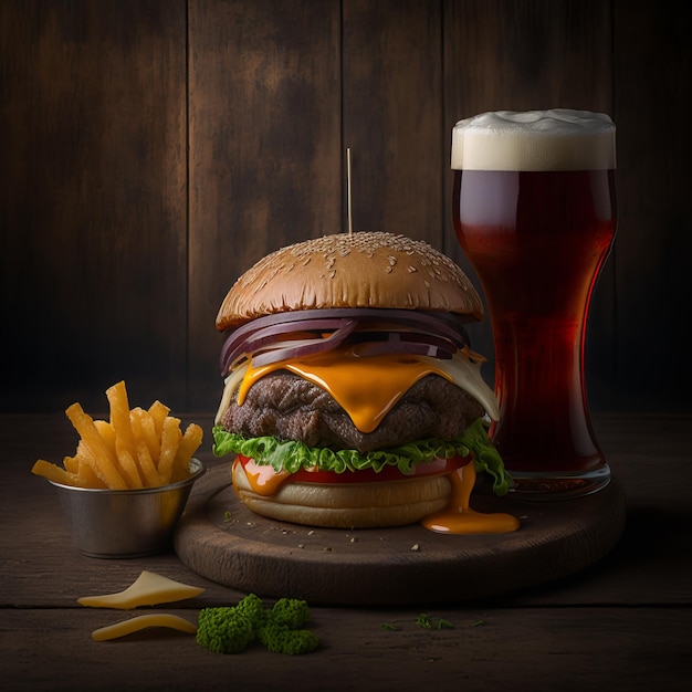 Hamburguesa con queso clásica con papas fritas y cerveza