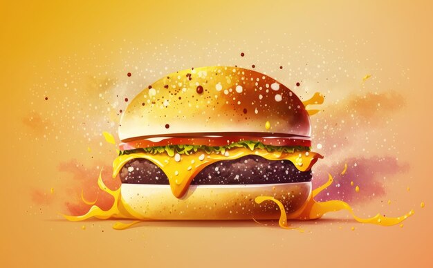 una hamburguesa con queso dibujada sobre fondo amarillo acuarela ilustraciones de comida rápida generada por ai